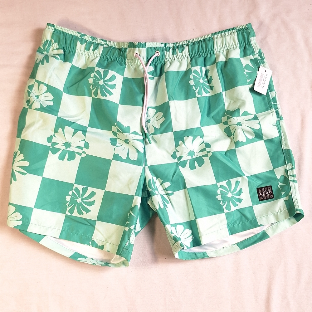 NWT Aeropostale Mens Green Checked Swim Shorts, XL